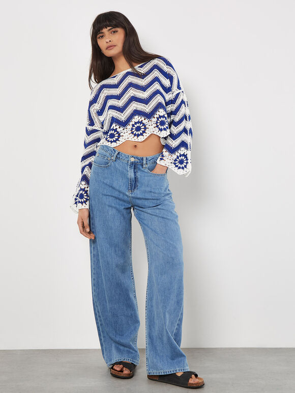 Crochet Chevron Bell Sleeve Top, White, large