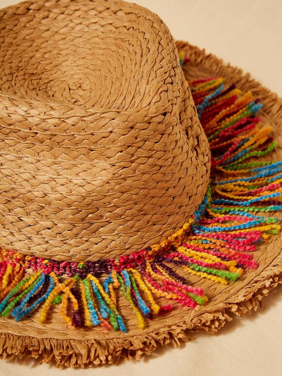 Fringed Straw Mexico Hat, Stone, large