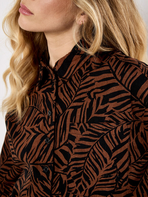 Linen Mix Leaf Print Shirt, Brown, large
