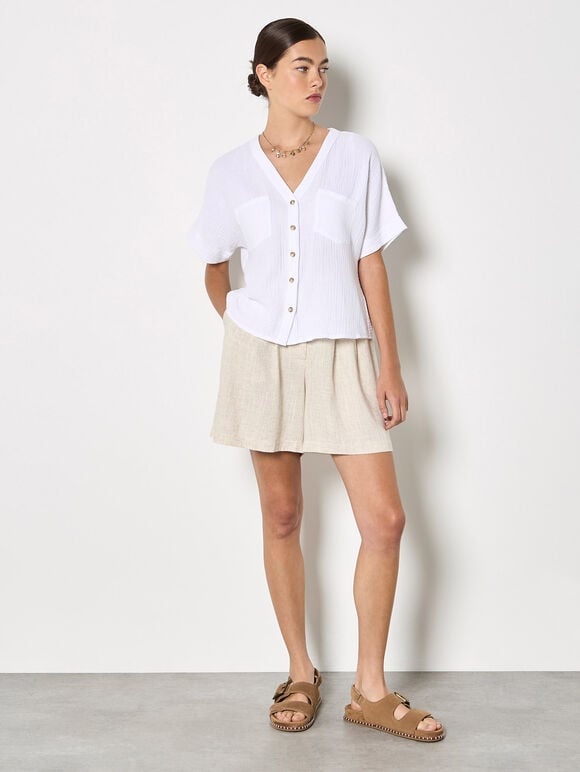 Textured V-Neck Blouse, White, large