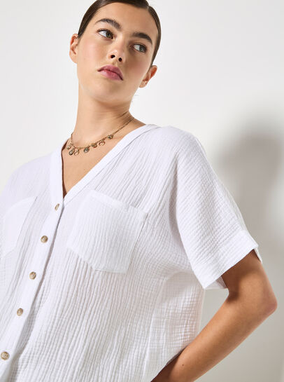 Textured V-Neck Cotton Blouse