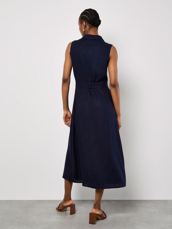 Linen Blend Shirt Midi Dress, Navy, large