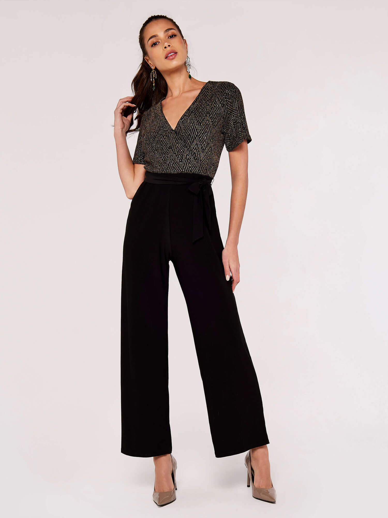 Chevron Angel Sleeve Jumpsuit Apricot Clothing