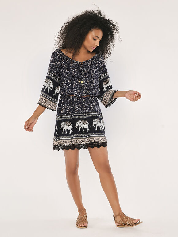 Bardot Tribal Elephant Dress, Navy, large