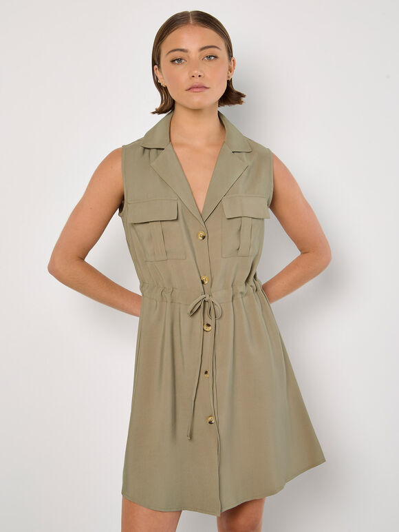 Utility Shirt Mini Dress, Khaki, large