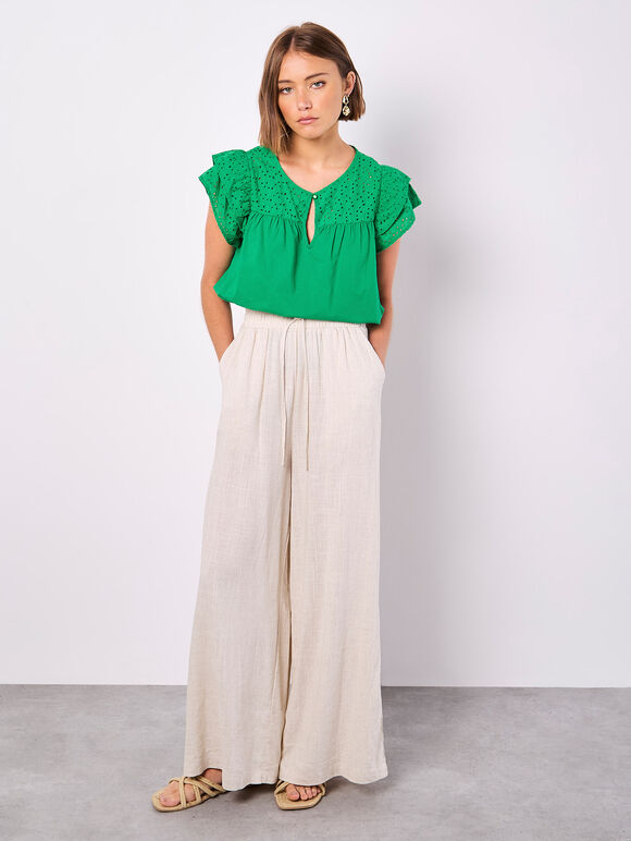 Broderie Yoke Cotton Top, Green, large