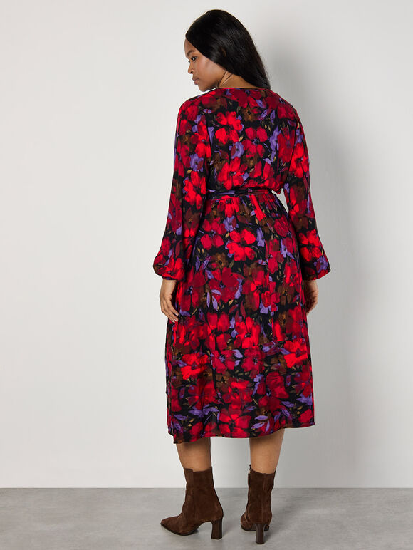 Curve Floral Wrap Midaxi Dress, Red, large