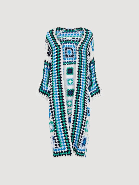 Crochet Squares Longline Cardigan, Navy, large
