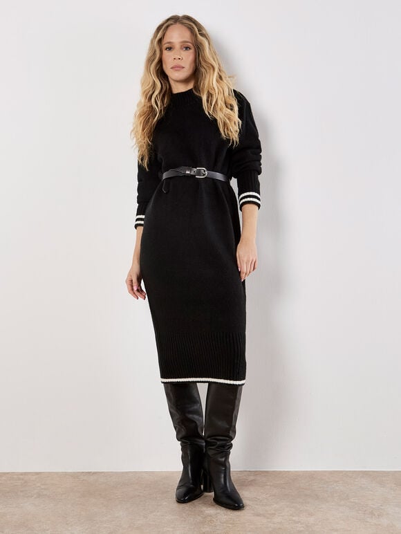Tipped Knitted Jumper Midi Dress, Black, large