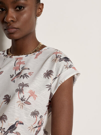 Parrot And Palm Print Slub T-Shirt