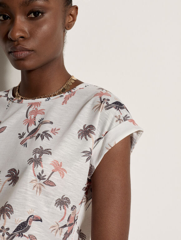 Parrot And Palm Print Slub T-Shirt, Coral, large