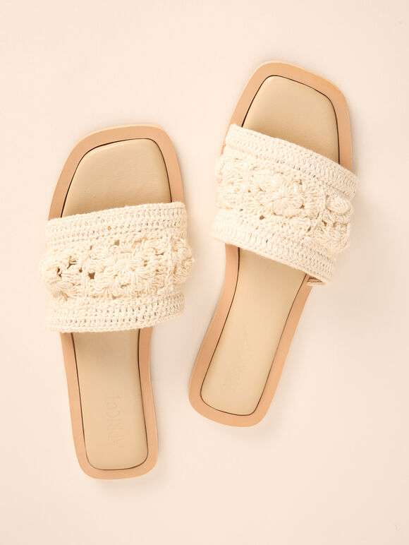 Hand-Crocheted Raffia Mule Sandals, White, large