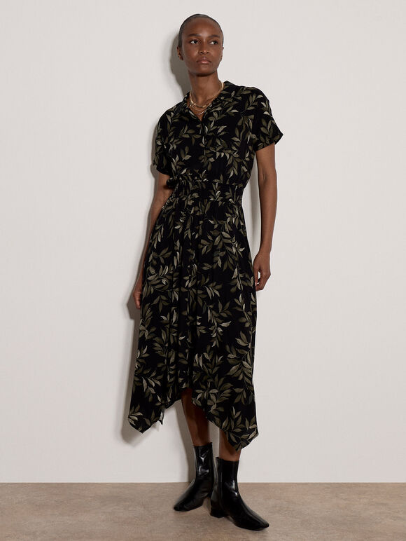 Leaf Print Shirt Midi Dress, Khaki, large