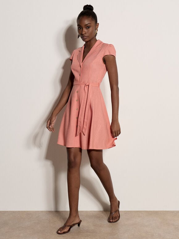Linen Blend Shirt Mini Dress, Coral, large