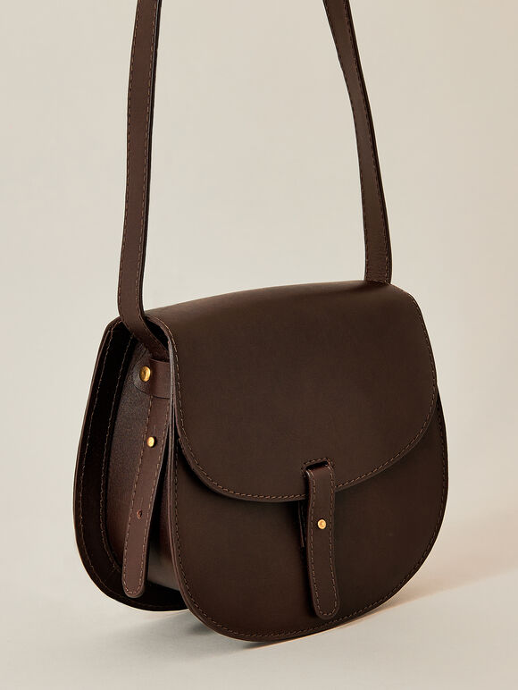 Leather Flap Crossbody Bag, Brown, large