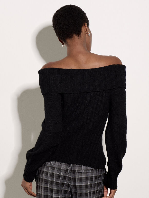 Ribbed Bardot Jumper, Black, large
