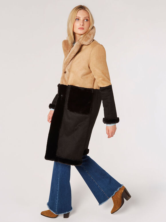 Reversible Suede Faux Fur Coat, Stone, large