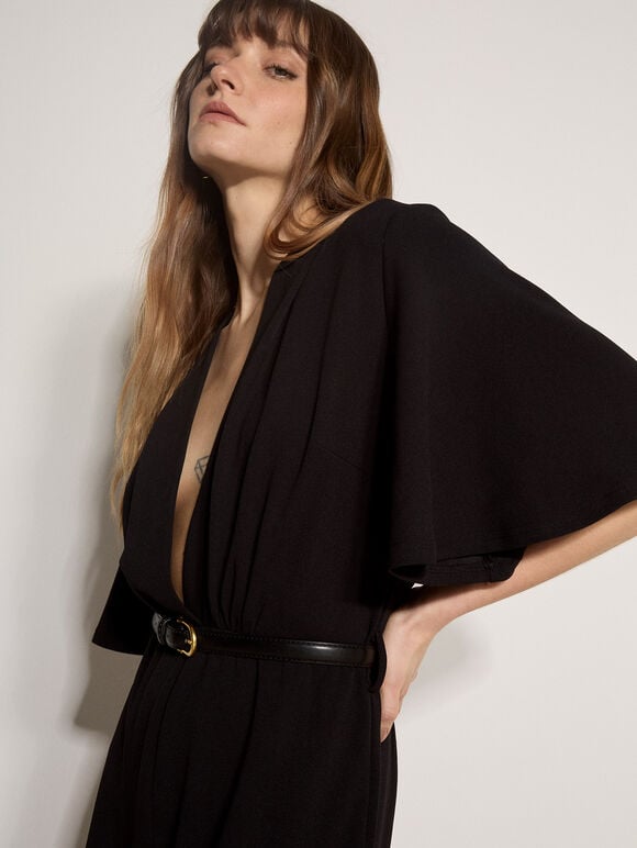 Jersey Crepe Straight-Leg Jumpsuit, Black, large