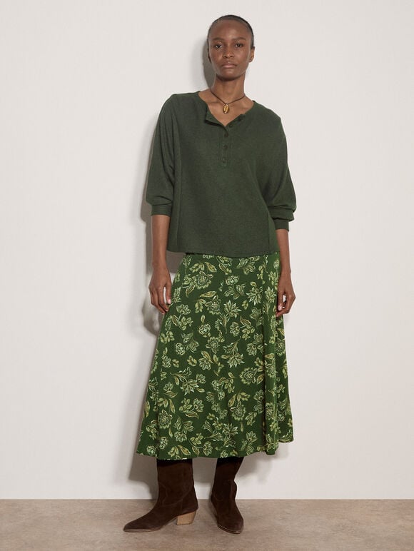 Waffle Knit Button Neck Top, Green, large
