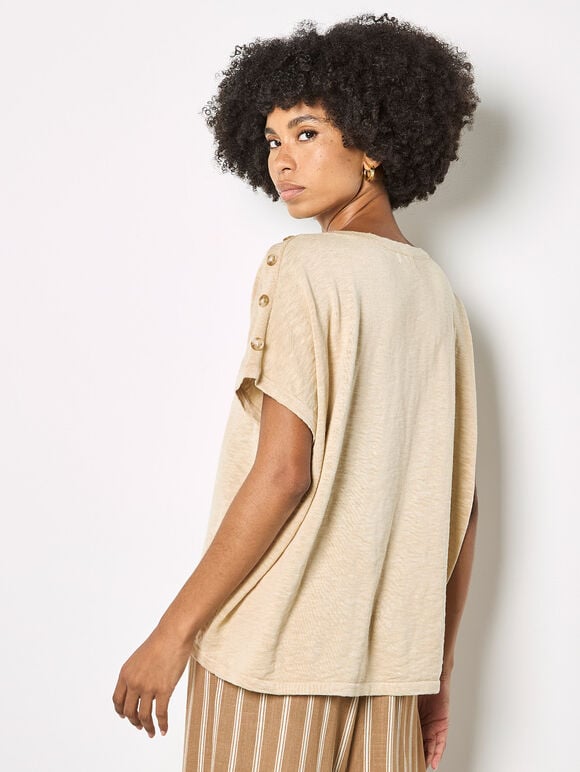 Button Detail Knitted T-Shirt, Stone, large