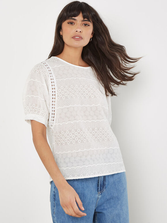 Floral Broderie Cotton Lace Top, White, large