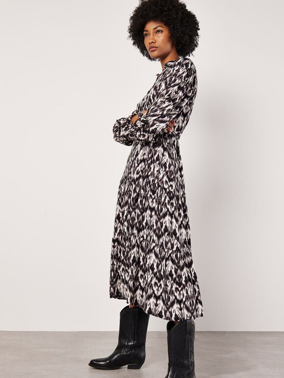 Ikat Tiered Shirt Midi Dress, Dark Grey - Charcoal, large