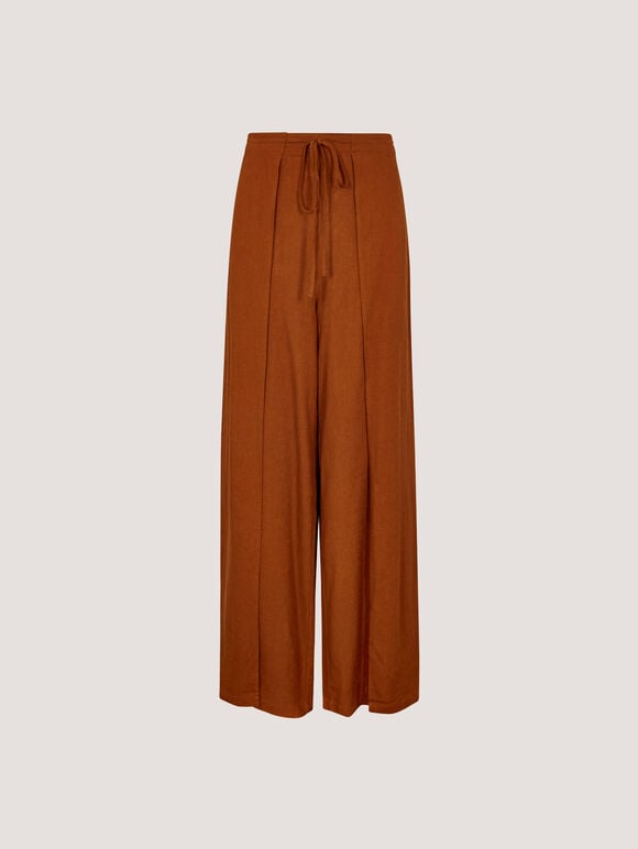Linen Blend Wrap Wide-Leg Trousers, Rust, large