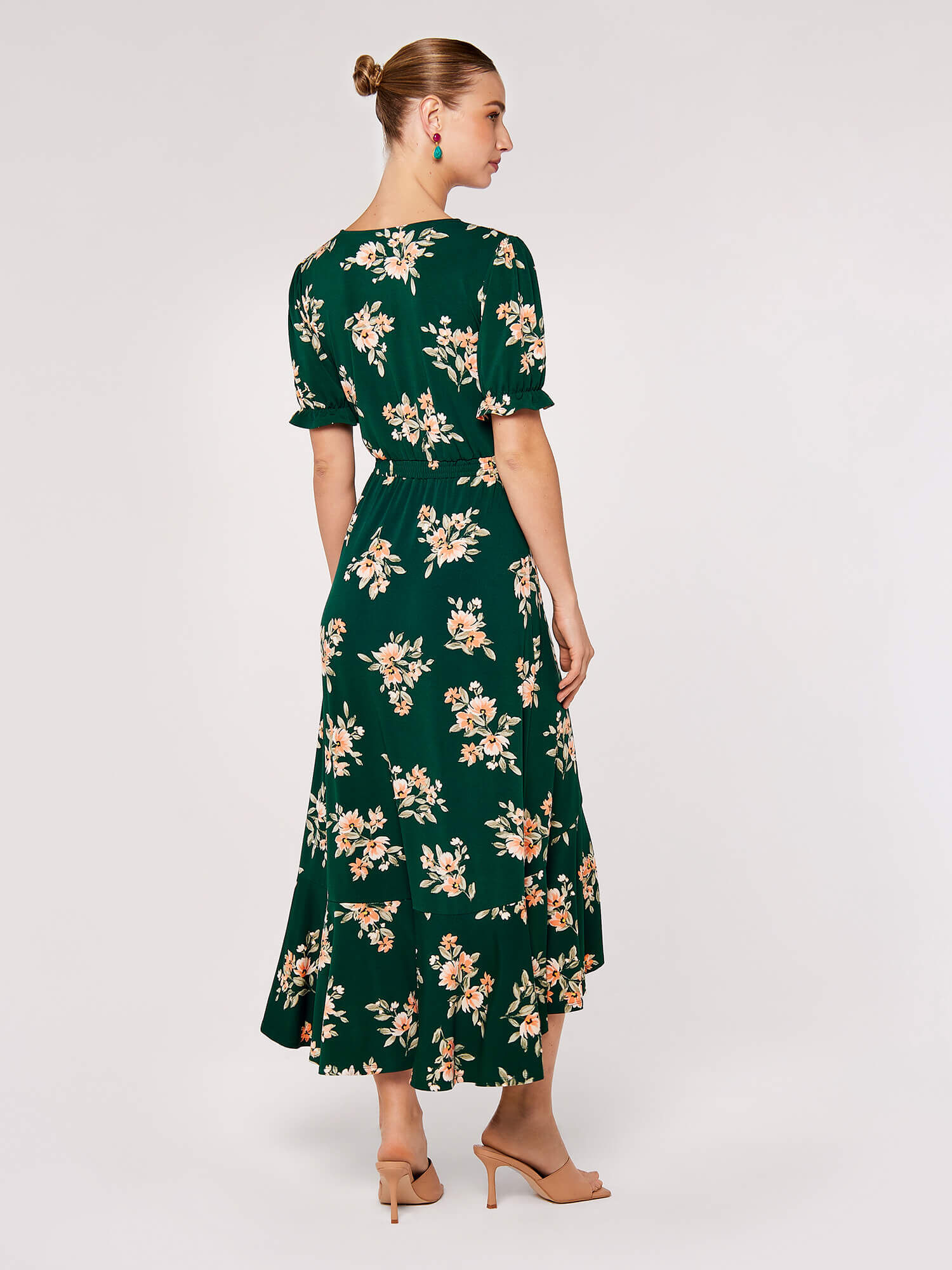 Green floral wrap midi dress 2025