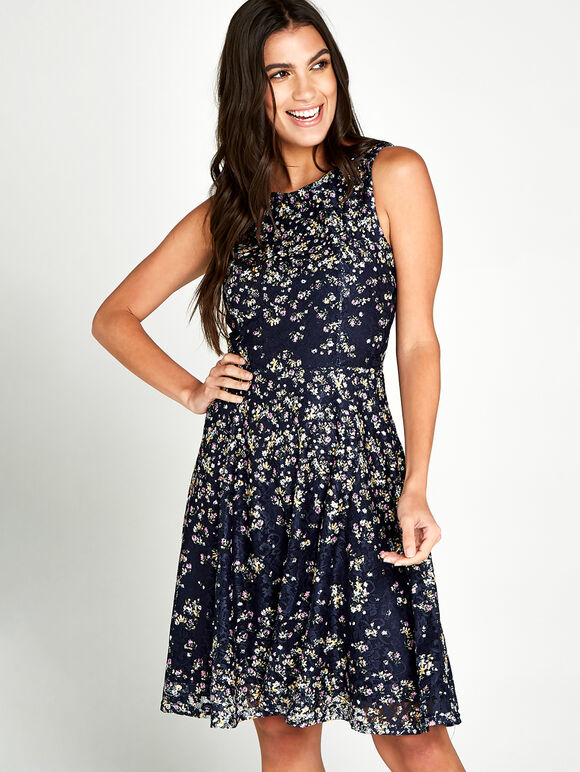 Printed Lace Skater Dress, Navy, large