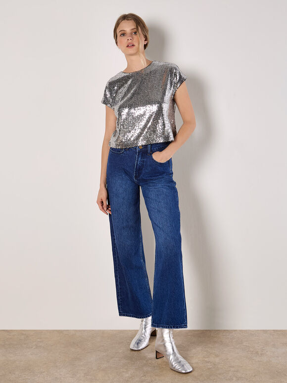 Sequin Crop T-Shirt, Dark Grey - Charcoal, large