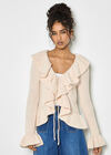 Ruffle Ribbed Knit Cardigan, Stone, large