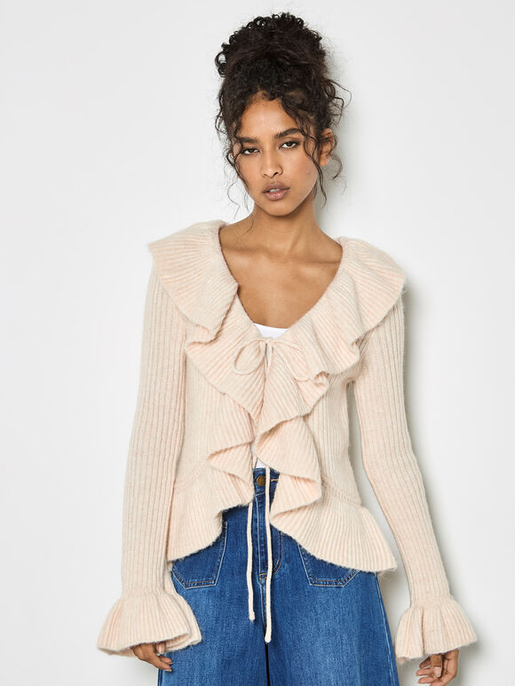 Ruffle Ribbed Knit Cardigan, Stone, large