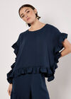Ruffle Trim Woven Top, Navy, large