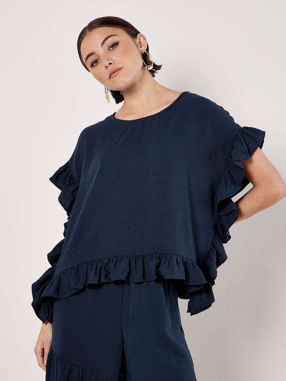 Ruffle Trim Woven Top, Navy, large