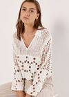Open Collar Floral Crochet Top, White, large