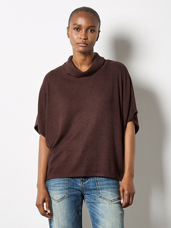 Roll Neck Ribbed Cape, Brown, large