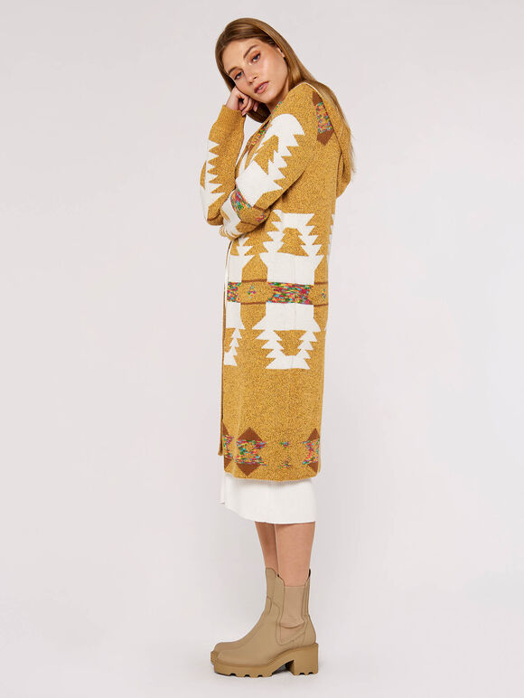 Mustard Aztec Hooded Cardigan, Mustard, large