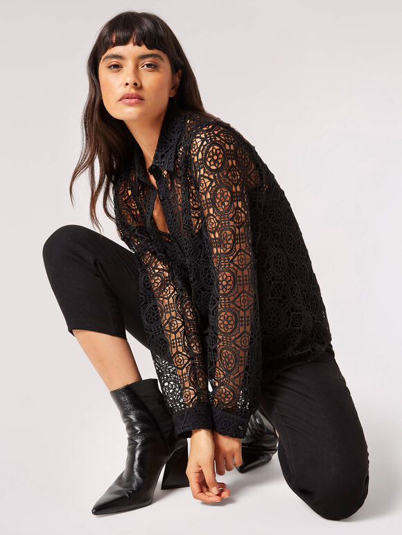 Geometric Guipure Lace Shirt, Black, large
