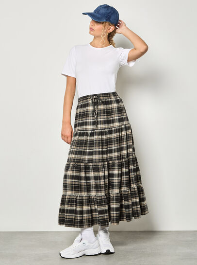 Check Print Tiered Midi Skirt