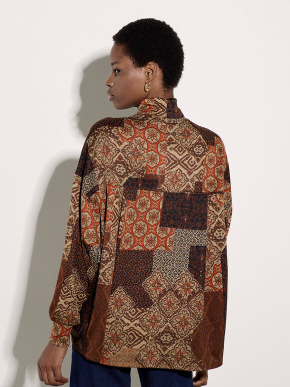 Patchwork Tapestry Roll Neck Top, Rust, large