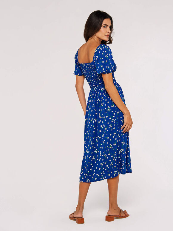 Floral Puff Sleeve Midi Dress, Blue, large