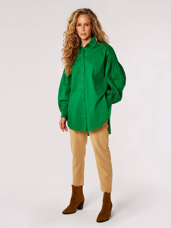 Balloon Sleeve Cotton Shirt, Green, large