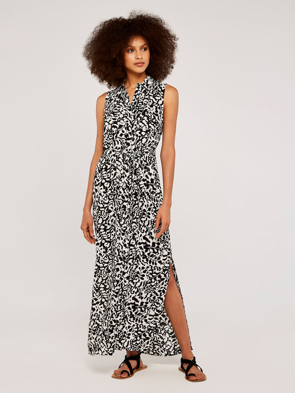 Leaf Silhouette Shirt Dress, Black, large
