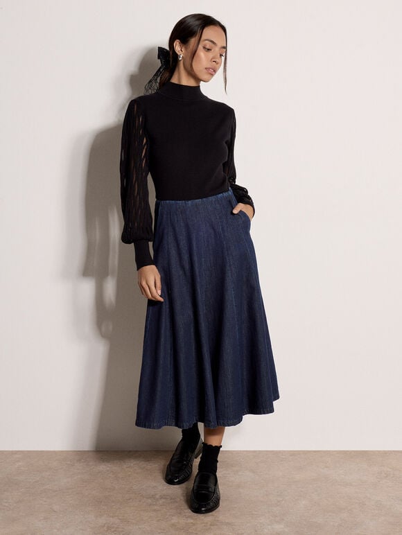 Plait Mesh Sleeve Jumper, Black, large