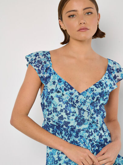 Floral Asymmetric Ruffle Midaxi Dress