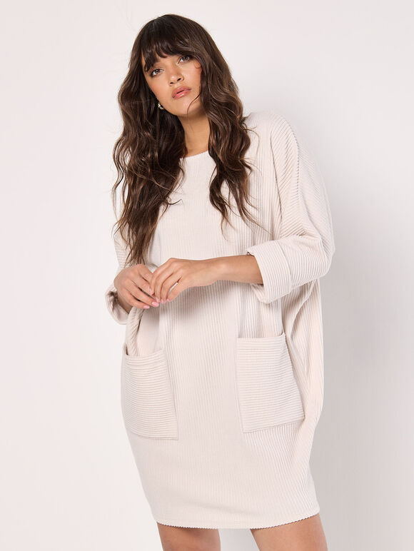 Ribbed Knit Cocoon Mini Dress, Stone, large