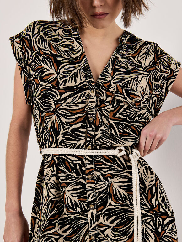 Leaf Print Rope Belt Mini Dress, Rust, large