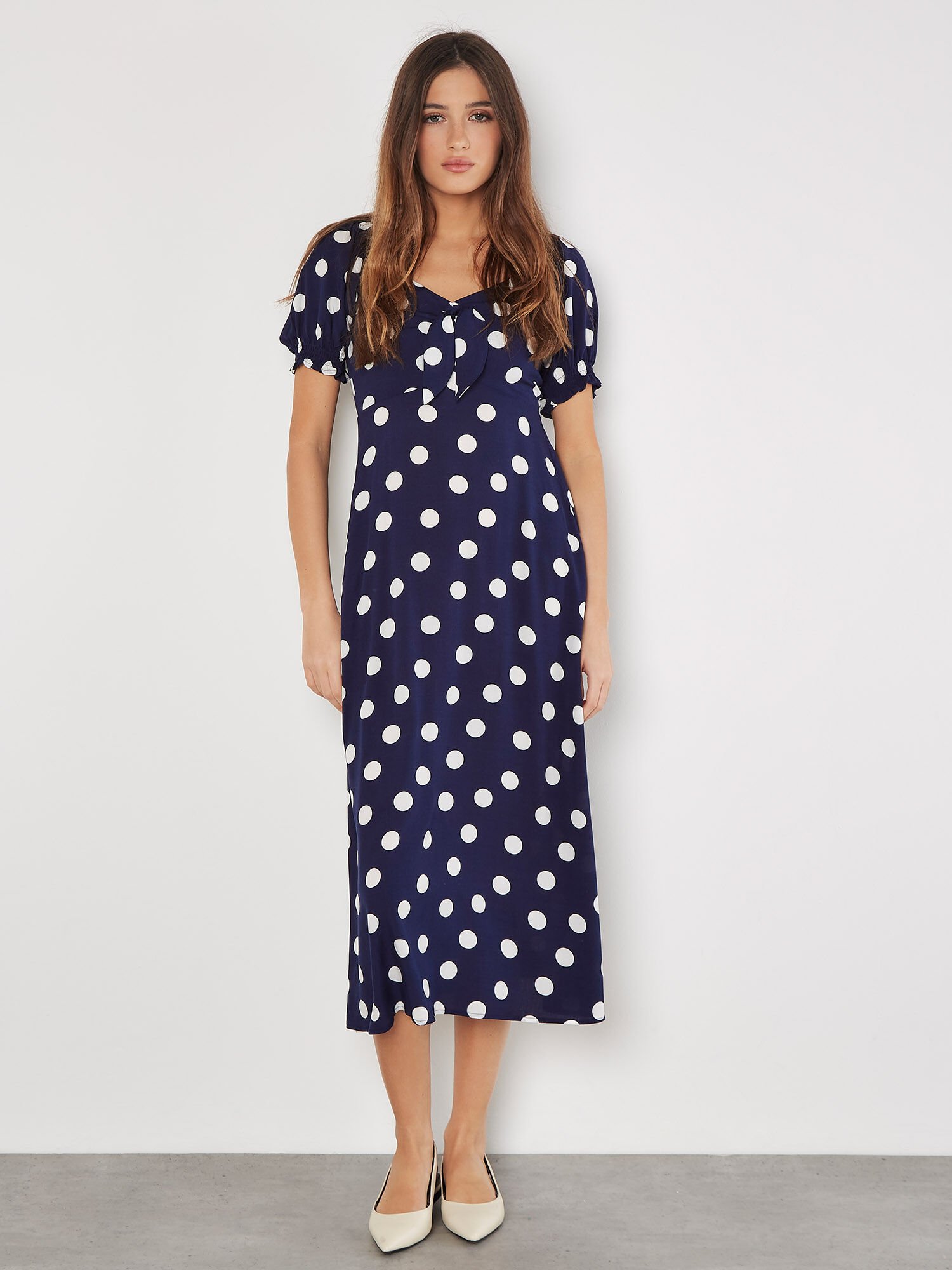 Polka Dot Bow Detail Midi Dress Apricot Clothing
