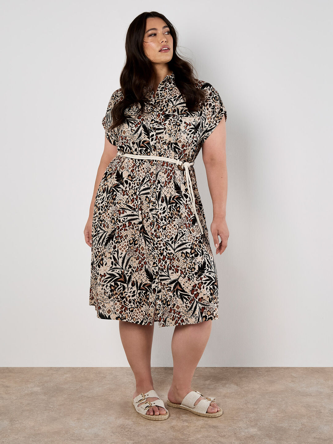 Mixed Animal Print Shirt Midi Dress