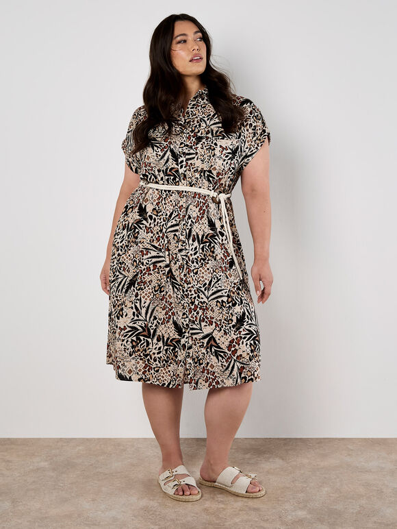Mixed Animal Print Shirt Midi Dress, Stone, large